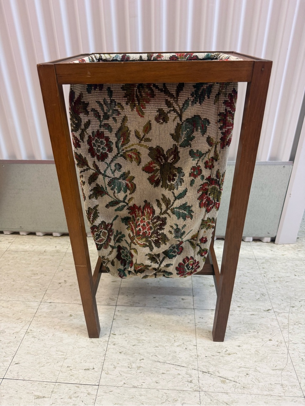Upholstered Floral Sling Wastebasket in Beige and Multi-Color